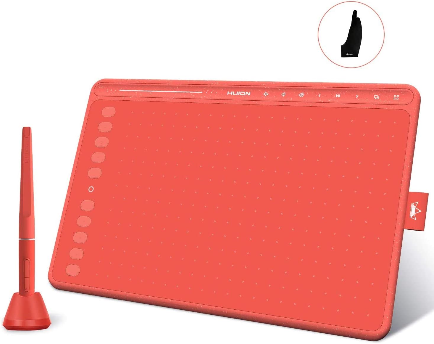 2020 HUION HS611 Red Graphics Drawing Tablet Android Support with 8 Multimedia Keys Battery-Free Stylus 8192 Pressure Sensitivity Tilt 10 Press Keys for Art Beginner-10inch (Coral Red)