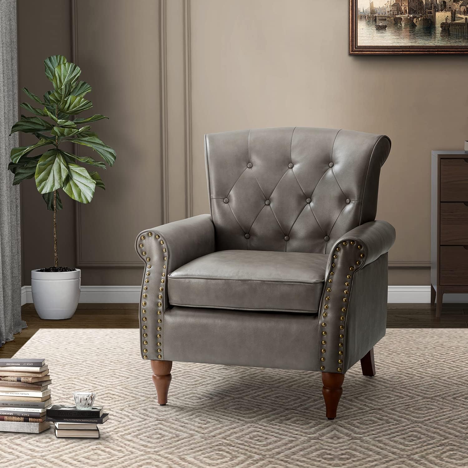 Faux Leather Accent Chair -Century Living Room Armchair With Solid Wood Legs Padded PU Leather Arm Chair Button Tufted Back Sofa Chair For Living Room Bedroom Home Reception, Grey