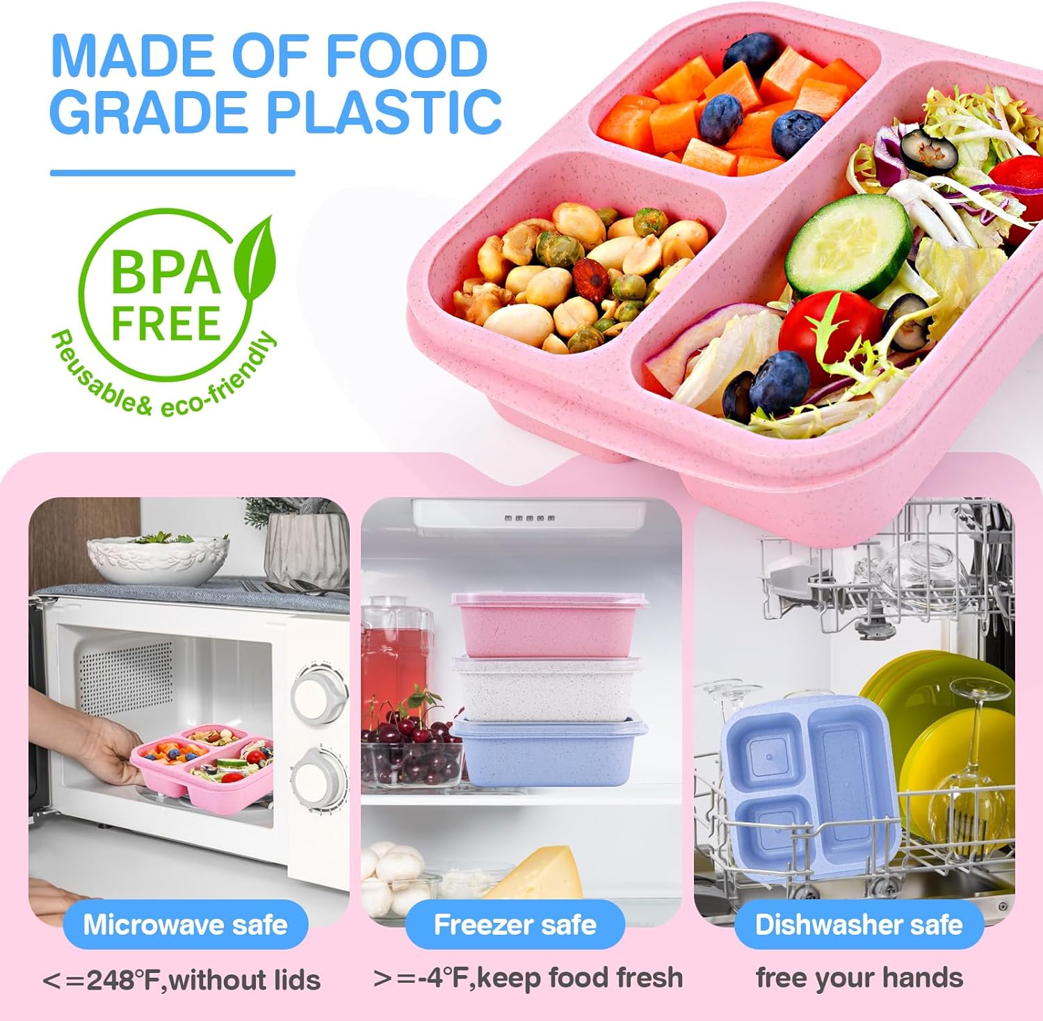 Bento Box Adult Lunch Box, 4 Pack Lunchable Containers 5 Compartments,Divided Lunch Containers with Utensils,Reusable Snack Containers for Adults Kids,Snack Box Containers for School Work Travel