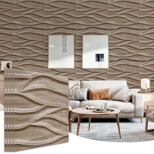 STICKGOO 3D Wall Panels for Interior Wall Decor, Walnut 3D Textured Wall Panels Wave Wall Tiles Design, Accent Wall Panels for Living Room Office Wall Decor, 12 Pack 19.7''x19.7'' Cover 32.Sq.Ft