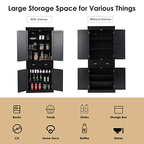 Kitchen Pantry Cupboard Cabinet, Storage Cabinet w/Drawers & Adjustable Shelves, 4-Door Wooden Storage Organizer for Kitchen (White)