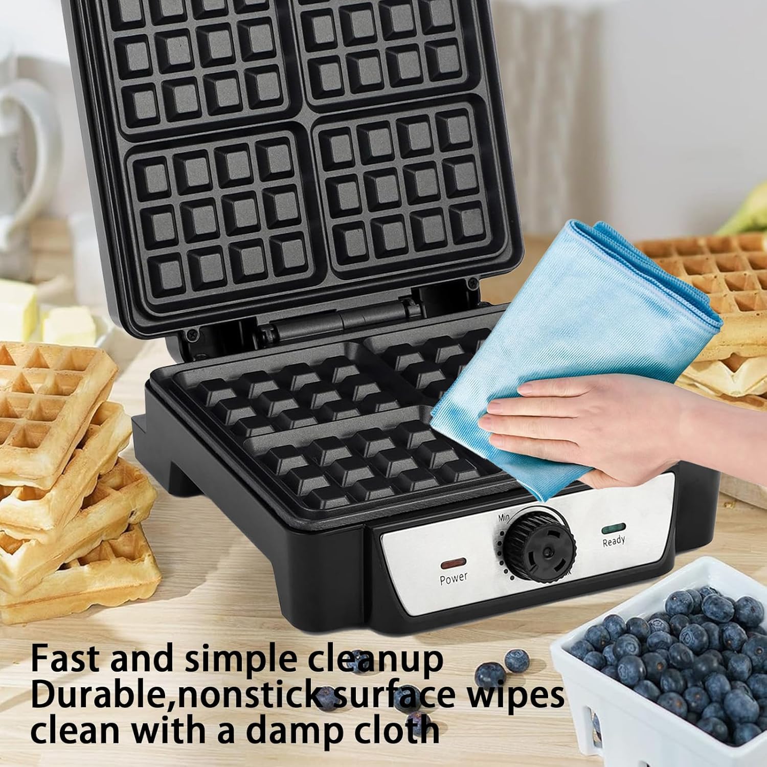 Waffle Maker with Non-Stick Pan, Large Waffle Baking Pan, Belgian Waffle Maker Non-Stick, 4 Slice Electric Waffle Maker with Indicator Lights 1400W Temperature Adjustable