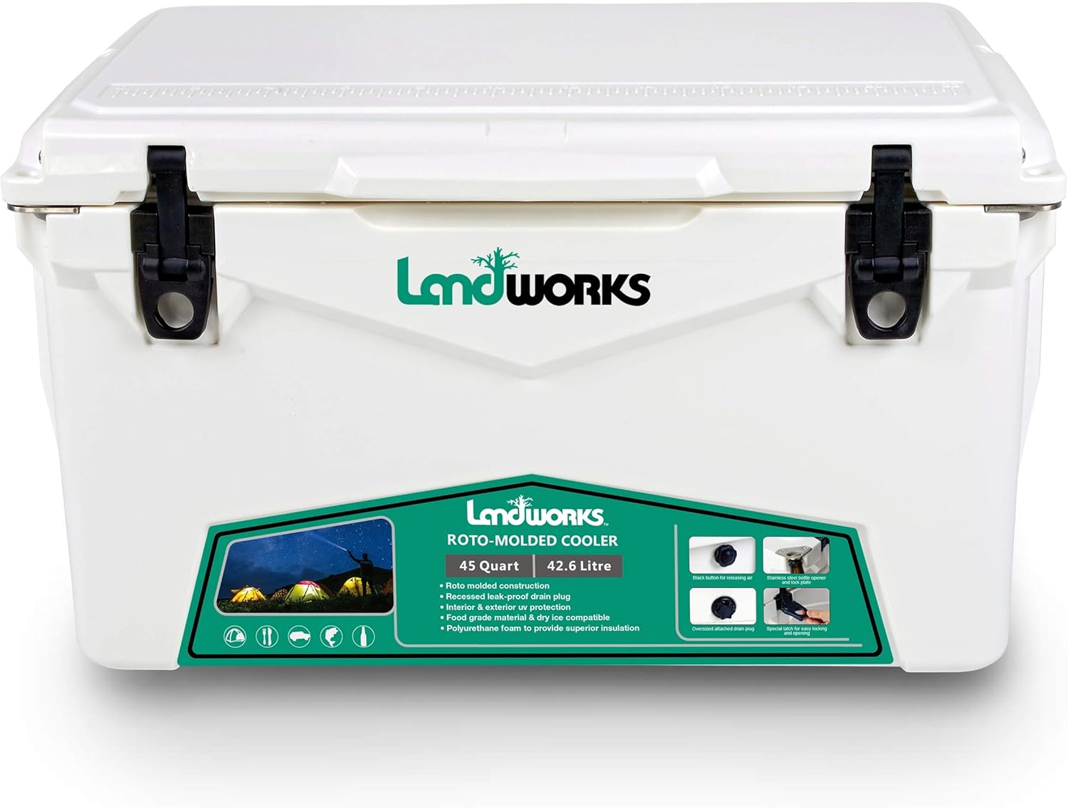 Landworks Rotomolded Ice Cooler 45QT Up to 5 Day Ice Retention Commercial Grade Food Safe Dry Ice Compatible UV Protection 15mm Gasket Bottle Openers Low Profile Latches