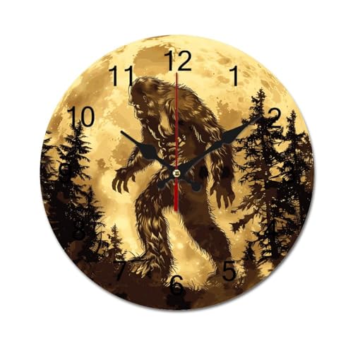 Bigfoot Sasquatch Golden Moon Wall Clock Silent Non-Ticking Round Wooden Clock Battery Operated Decoration for Home Living Room Office, 40*40cm