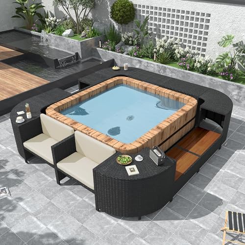 Harper & Bright Designs Spa Surround Spa Frame Quadrilateral Outdoor Rattan Sectional Sofa Set with Mini Sofa,Wooden Seats and Storage Spaces for Free Combination,Cream Beige