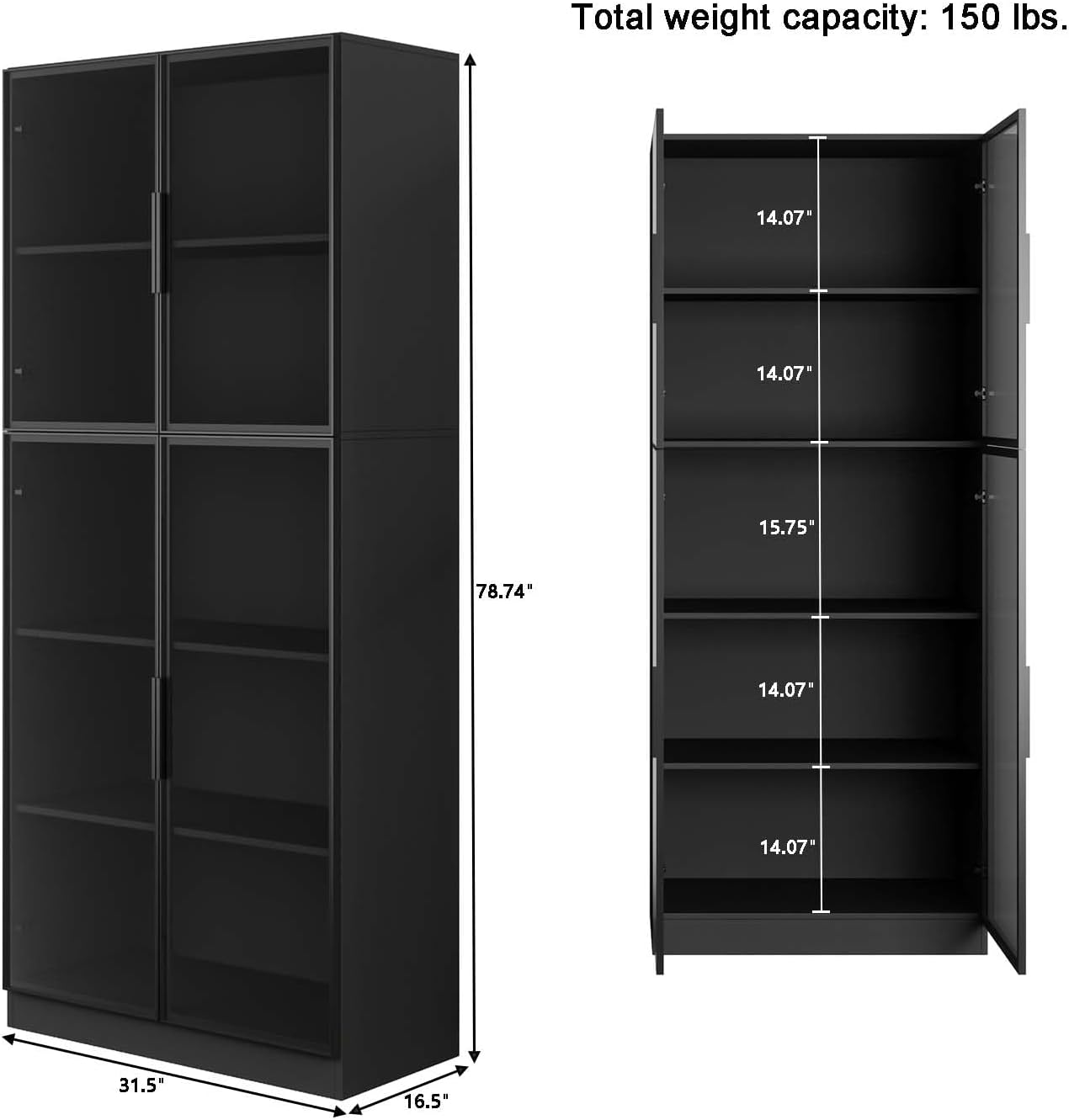 Display cabinet with LDE light and Glass Doors, Bookcase Bookshelf, Wooden Display Cabinet for Home Office, Living Room, and Dining Room - Black (31.5 