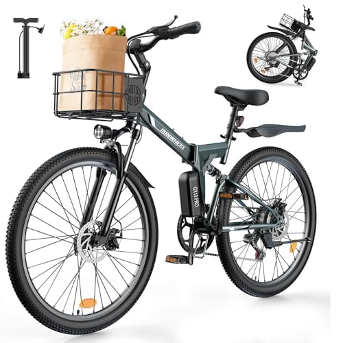 isinwheel Urban/Folding Electric Bike for Adults 500W Ebike with Basket, Dual USB Charging Ports, Full Suspension, 7 Speed Gearshift, 20mph Foldable Electric Bicycles, 26