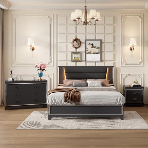 Harper & Bright Designs 3-Pieces Bedroom Sets Queen Size Upholstered Bed with LED Lights, Nightstands and Dresser with Metal Handles and Sparkling Shiny Decoration, White