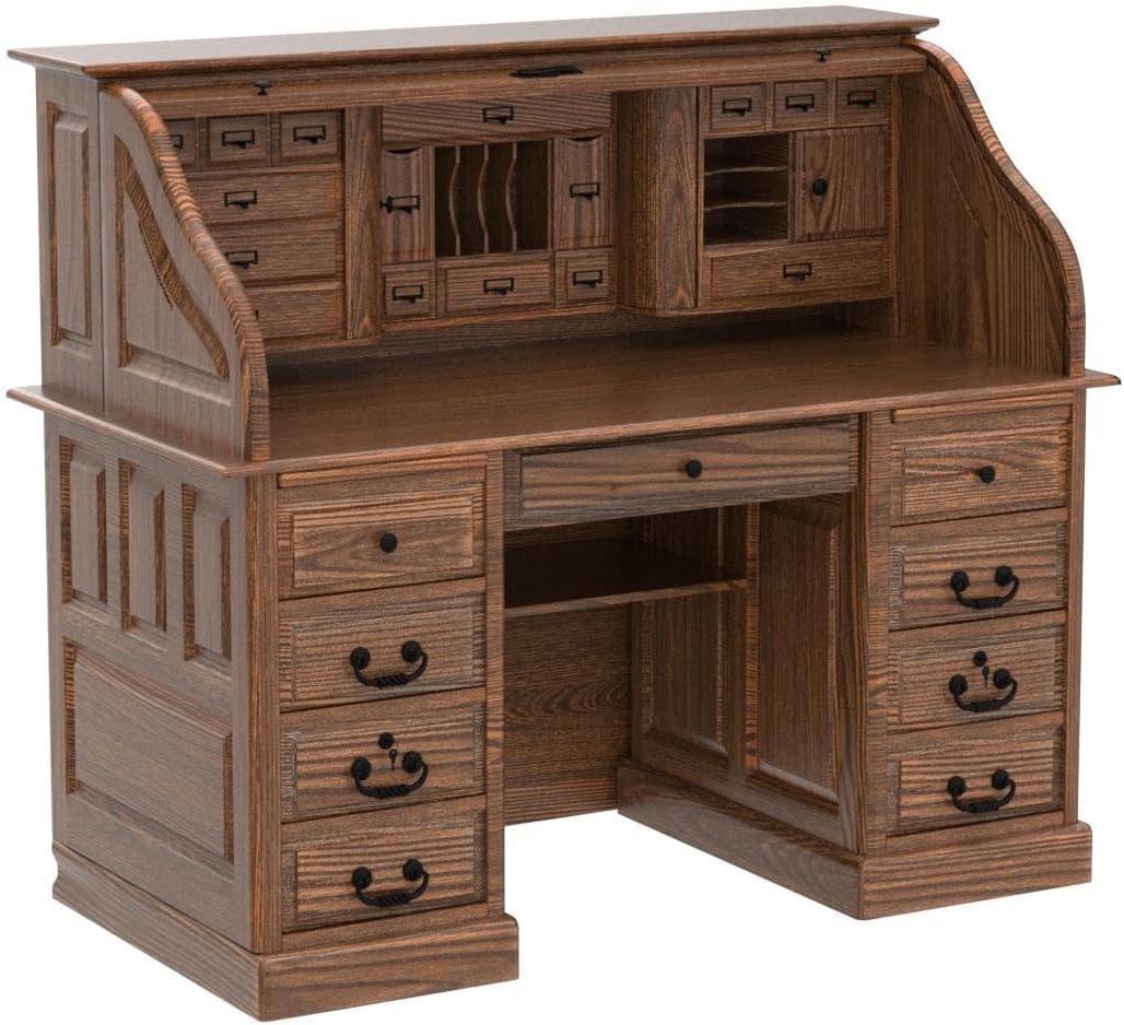 Roll Top Desk Solid Oak Wood - 54 Inch Deluxe Executive Rolltop Desk Burnished Walnut Stain for Home Office Secretary Organizer Roll Hutch Top Easy Assembly Quality Crafted Construction