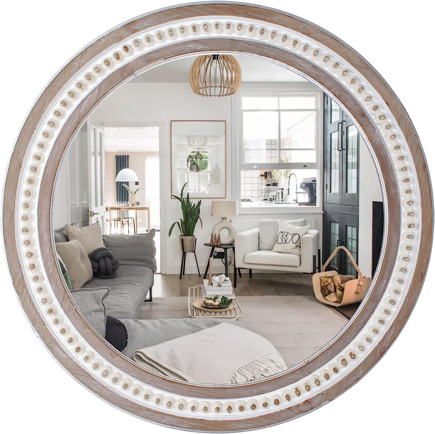 24 Inches Farmhouse Round Wood Mirror for Wall Decor, Rustic Distressed Mirror with Beads Boho Decorative Mirror for Bedroom, Living Room or Entryway Hanging Bathroom Mirrors for Over Sink