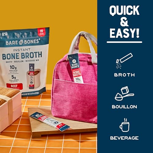 Bare Bones Bone Broth Instant Powdered Beverage Mix, Chicken & Beef, Variety Pack of 32, 16 Chicken & 16 Beef - 15g Sticks, 10g Protein, Keto & Paleo Friendly