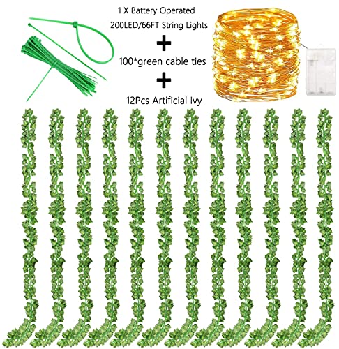 Fake Vines for Room Decor Artificial Ivy Garland with 100 LED String Light Hanging Plants Faux Greenery Leaves Bedroom Aesthetic Decor for Home Garden Wall Wedding（6Pack with 100LED）