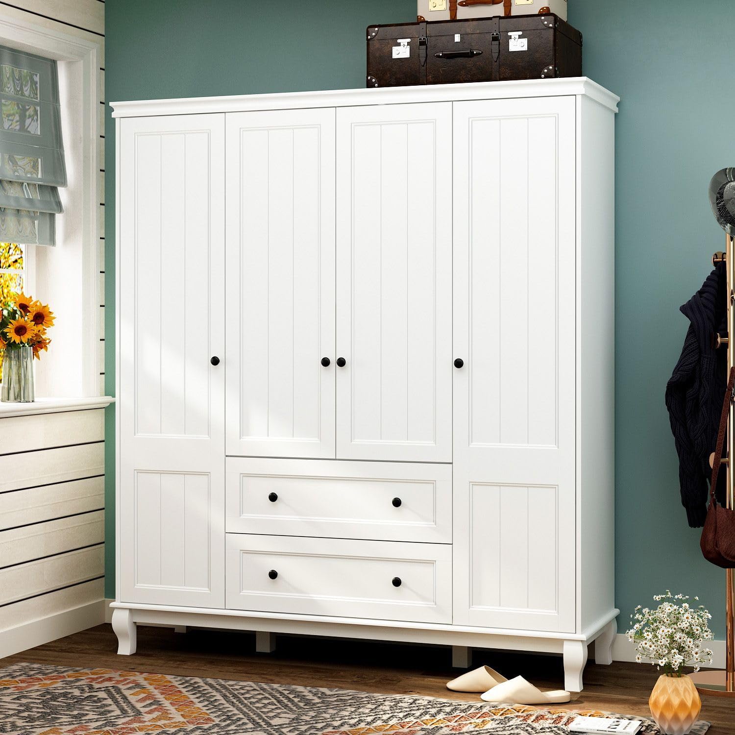 MOUMON Large 4-Door Wardrobe Closet with Doors and Shelves, Armoire Wardrobe Closet with Hanging Rod, Clothes Wardrobe with 2 Drawers, Armoire for Bedroom White (63”W x 18.9”D x 71.3”H)