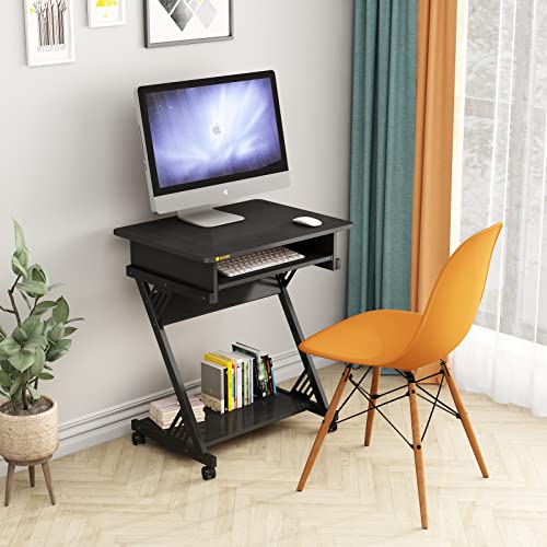 Computer Desk with Keyboard Tray, 23.6 inch Rolling Small Desk with Wheels, Computer Cart with Storage, Mobile Desk Z Shaped for PC, Home Office, Brown