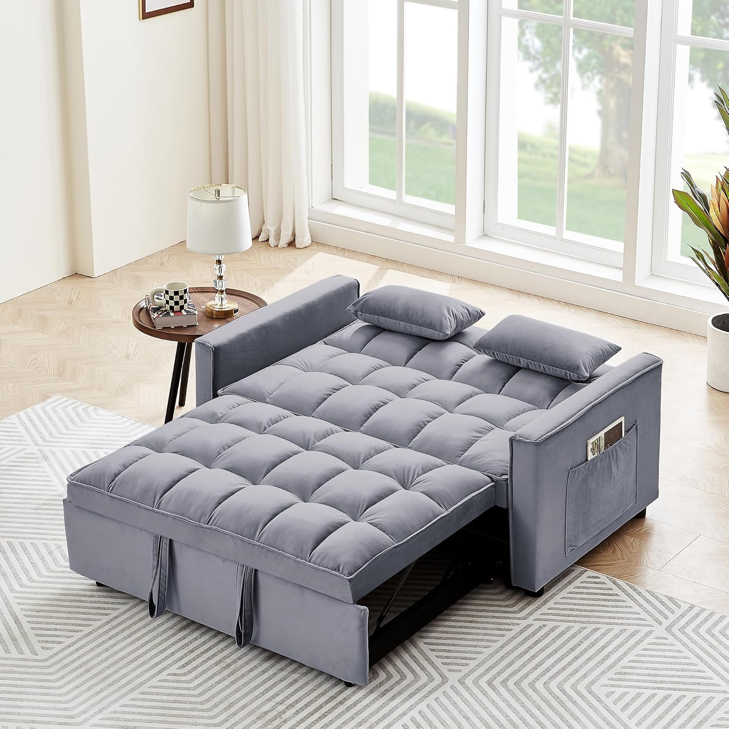 3 in 1 Tufted Convertible Sleeper Sofa Bed, Modern Velvet Futon Loveseat Couch w/Pullout Bed, Small Love Seat Lounge Daybed w/Reclining Backrest, Toss Pillows, Pockets for Living Room Small Places RV
