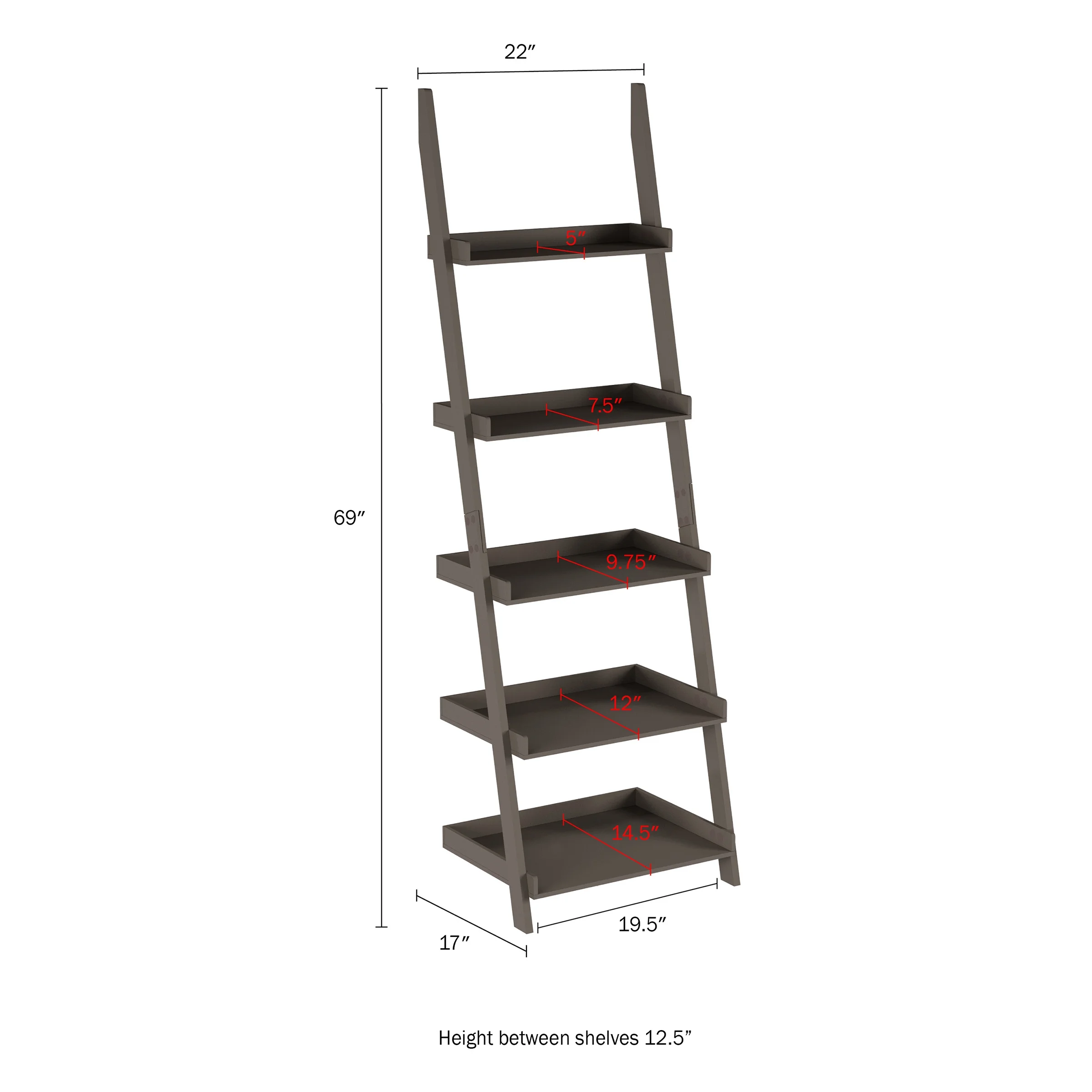Ladder Bookshelf- 5 Tier Leaning Decorative Shelves for Display-Slate Gray Shelf Stand-Living Room Bathroom & Kitchen Shelving by Lavish Home