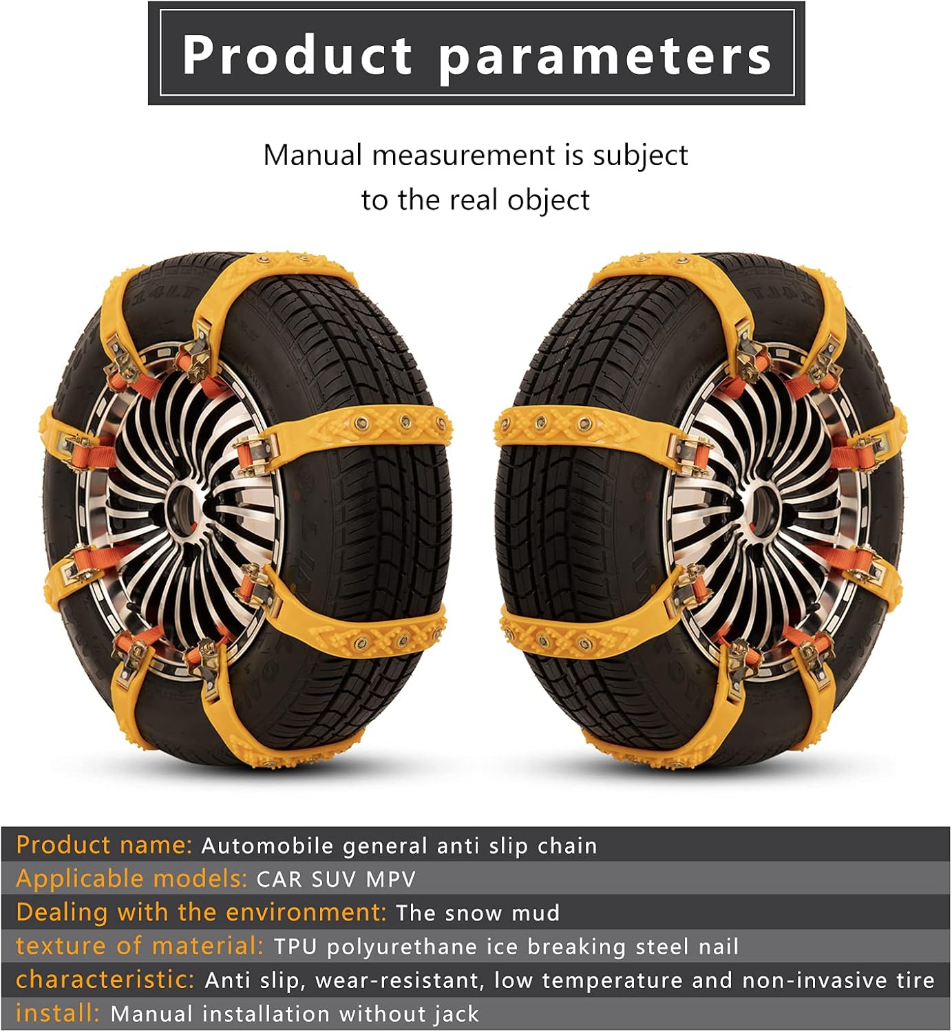 Universal Snow Chains for Cars/SUV/ LT Truck/Pickup Adjustable Traction Tire Chains for Tyres Width 145-285mm (5.71-11.2 inch)Easy to Mount Emergency Traction Snow Tyre Chains for Icing,Mud, Sand Pack of 2