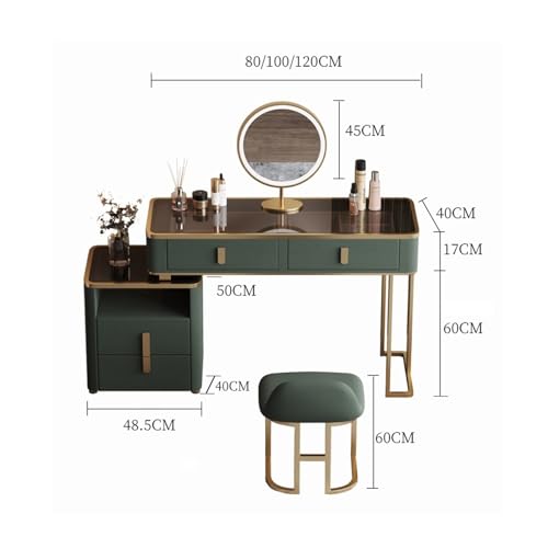 Dressing Table Dresser Storage Cabinet Bedside Table Bedroom Modern Minimalist Wood Makeup Table LED Mirror Green Luxury Makeup Table Penteadeira(with Cabinet,80cm)