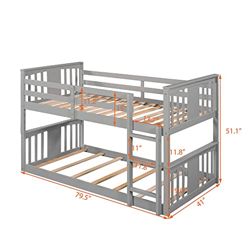 Harper & Bright Designs Low Bunk Bed for Kids Teens, Solid Wood Twin over Twin Floor Bunk Beds with Ladder and Guard Rail (New, Gray)