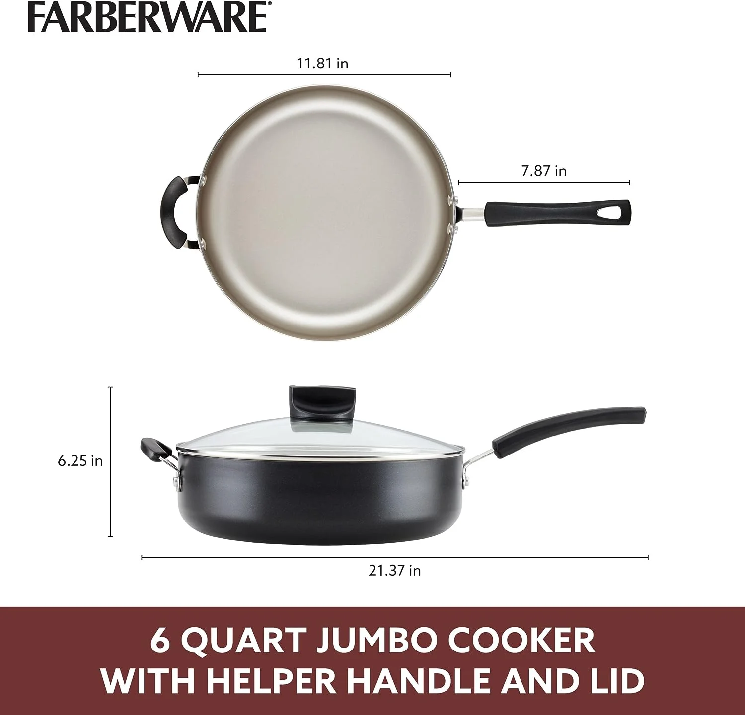 Farberware Smart Control Nonstick Jumbo Cooker/Saute Pan with Lid and Helper Handle, 6 Quart, Black