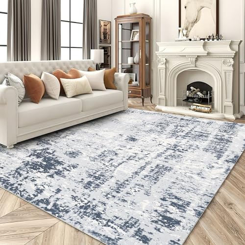 RYB HOME Washable Living Room Rug, 8x10 Large Area Rug for Bedroom, Ultra Soft Faux Wool Non Slip Modern Abstract Farmhouse Floor Carpet for Dining Home Office Nursery Playroom, 8x10 ft, Grey