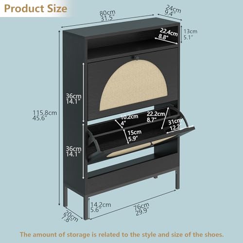 Rattan Shoe Cabinet, Shoe Storage Cabinet with 2 Flip Drawers, Hidden Shoe Storage, Slim Shoe Closet, Sneaker Storage, Shoe Organizer for Entryway, Hallway, Living Room,Black