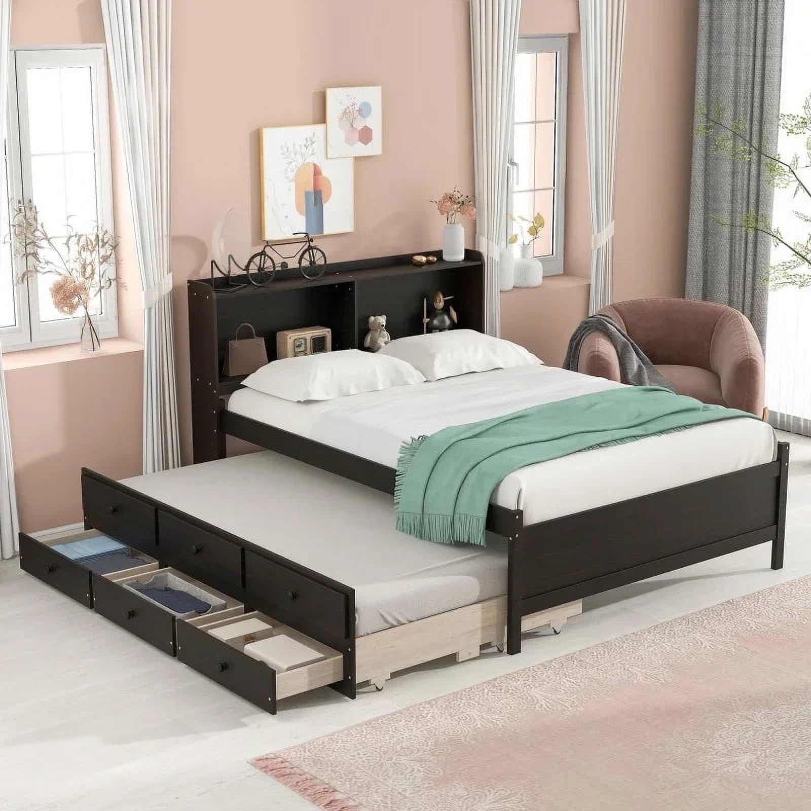 l Bed with Bookcase,Twin Trundle,Drawers,Espresso