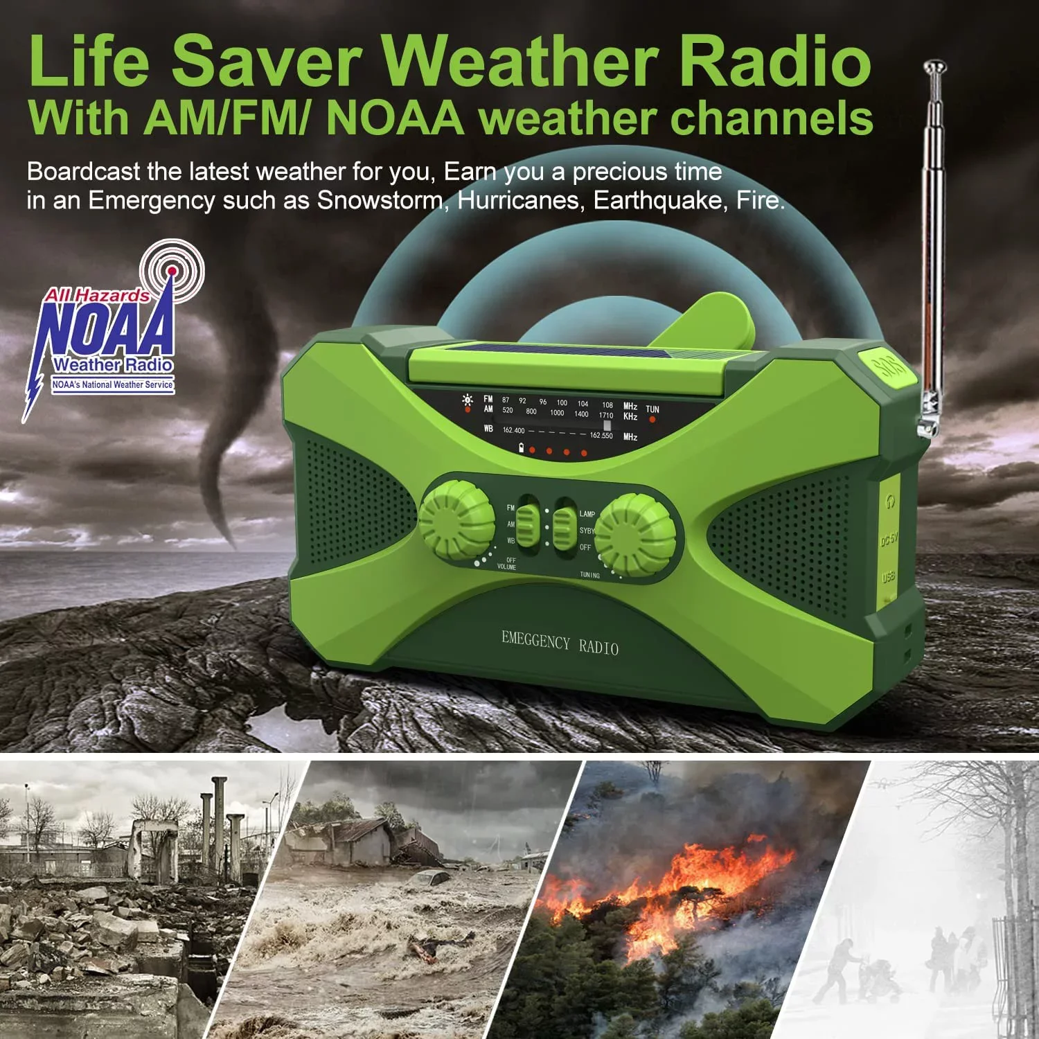 VUOHOEG Outdoor Emergency Weather Radio, AM FM NOAA Hand Crank Emergency Radio, 4000mAh Power Bank for Phone Charger Portable Solar Radio, Weather Alert, Flashlight for Emergency