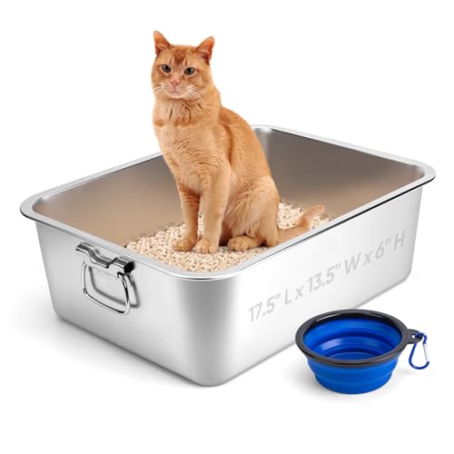 Stainless Steel Litter Box with Handle for Cat and Rabbit, 17.5
