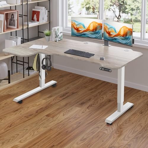 Adjustable Height L-Shaped Electric 59 Inch Sit-Stand Computer Desk with 3 Splice Boards, Lockable Casters-Ideal for Home Office, 59Inch, Rustic Brown
