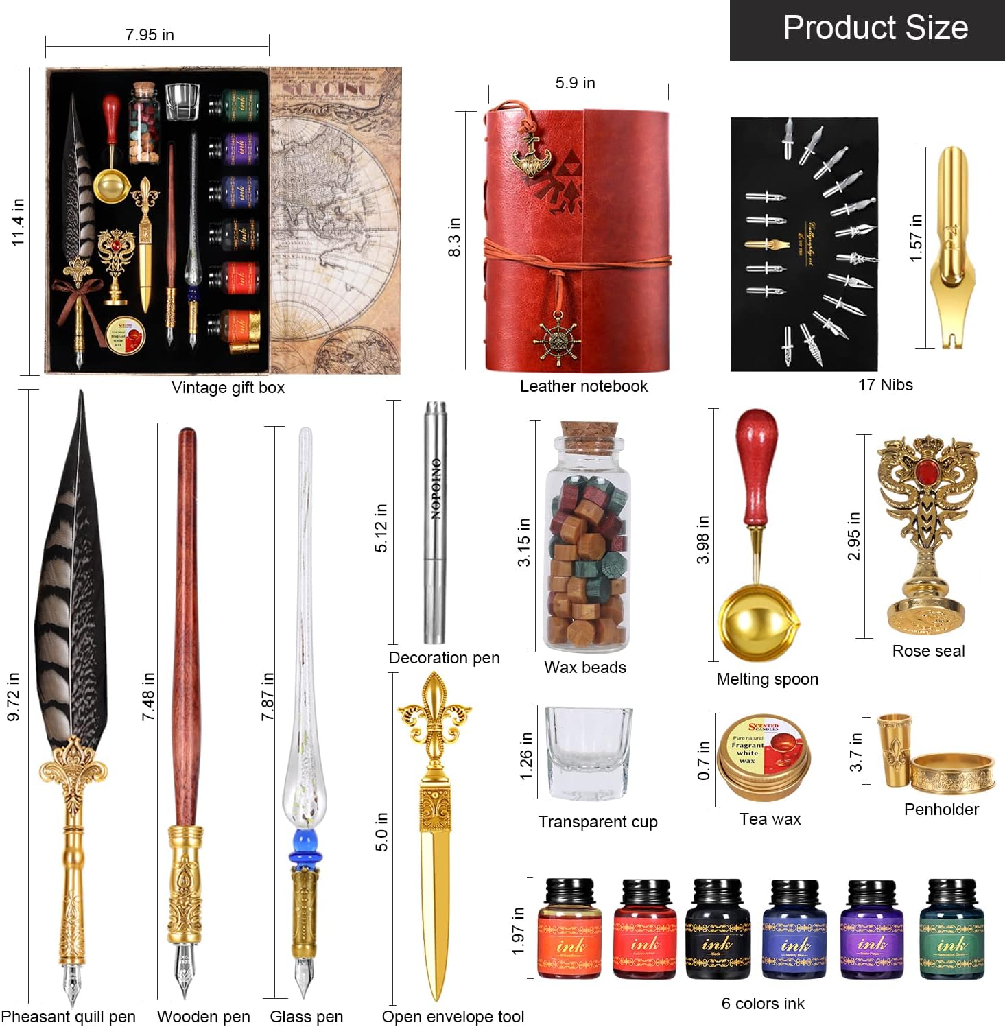 Vintage Pheasant Quill Pen Ink Set,Feather Dip Pen Set with Classic Spiral Bound Leather Notebook,Beginners Glass Dip Pen Wood Calligraphy Pen Craft Decoration Pen,Best Gift Kit for Writing,Drawing Pack of 2