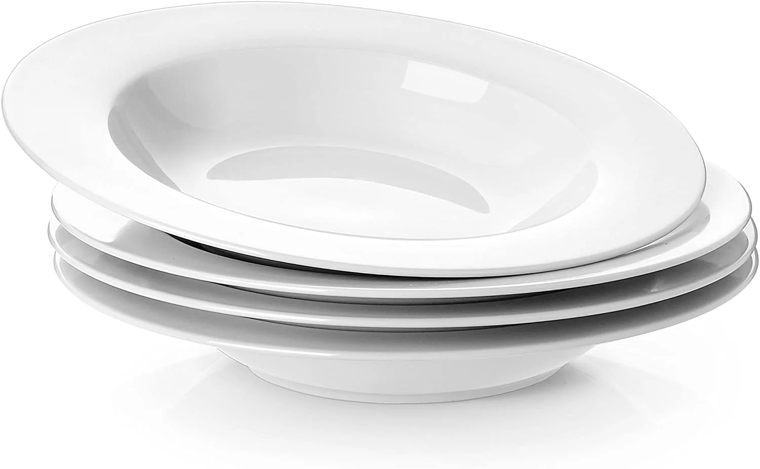 Y YHY Soup Bowls, Pasta Bowl Set of 4, White Shallow Bowl Plates, Porcelain Rimmed Bowls, 8 Inches