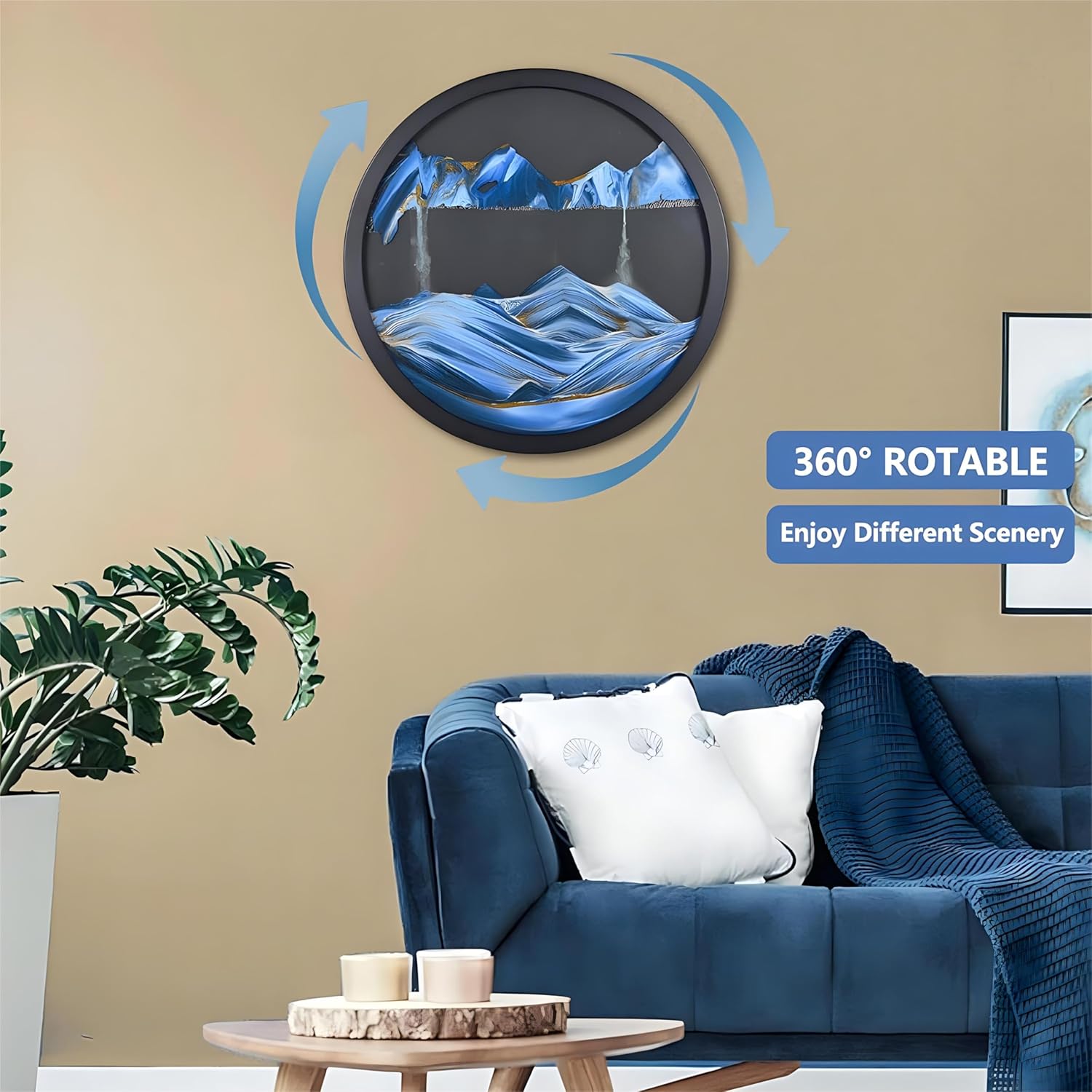 23.6'' Moving Sand Art Decor, Sand Art Wall Mounted Rotate Sculpture, Wall Art Deep Sea Sandscape, Glass Crafts Solid Wood Frame, Relaxing Mood Home Office Work Decor (Blue-Black Background)