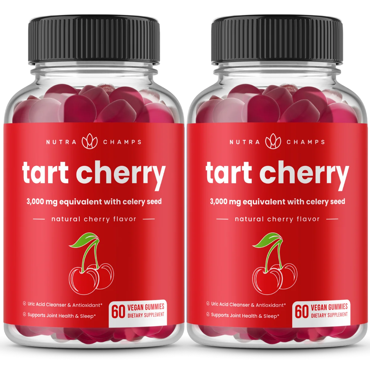 NutraChamps Tart Cherry Gummies - 2 Pack - 3000mg Supplement with Celery Seed Extract - Vegan Tart Cherry Concentrate Gummy Vitamin - 120 Count