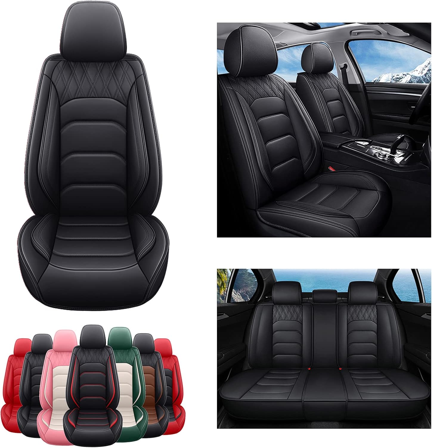 SOGLOTY Leather Car Seat Covers Leatherette Automotive Vehicle Cushion Cover for Cars SUV Pick-up Truck Universal Seat Protector Waterproof Full Set with Airbags Compatible (Black Red)
