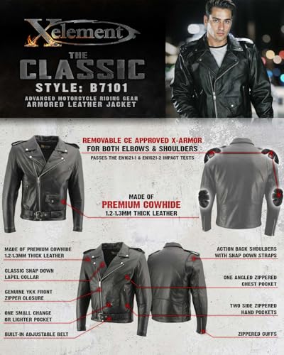 Xelement B7101 Men's 'Classic Armored' Black High-Grade Leather Motorcycle Biker Jacket with X-Armor Protection - Medium