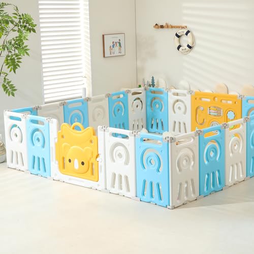 Baby Playpen, Foldable Koala Playpen for Babies and Toddlers,22 Panels Baby Play Pen Large Baby Play Yard, Koala Baby Play Yard, Portable Baby Fence, Baby Gate Playpen - Grey & White