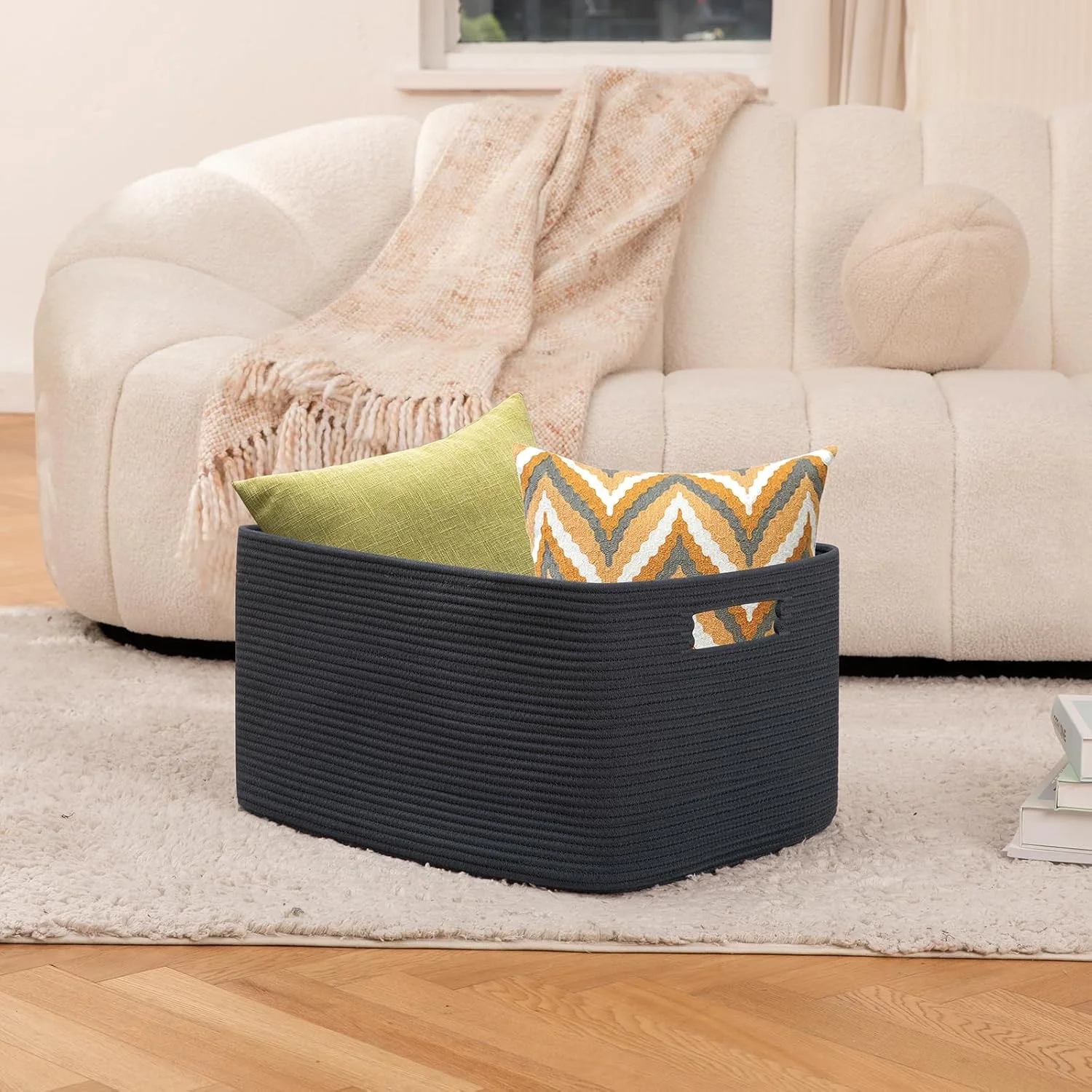 dxynlzq 75L Large Blanket Basket  Woven Blanket Storage Basket with Handle  Cotton Rope Basket for Organizing 22\u201Dx17\u201Dx12\u201D  Blanket Basket living Room  Toy Basket for Nurser