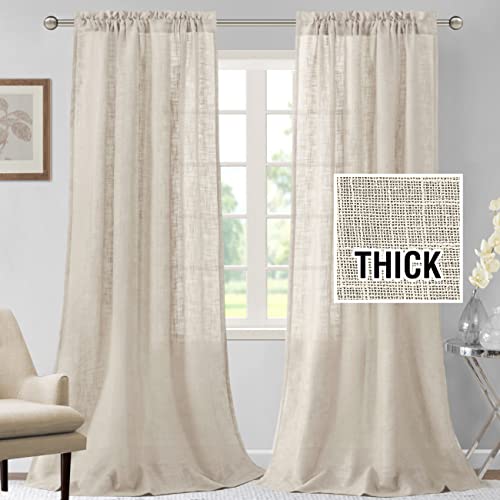 H.VERSAILTEX Linen Curtains 84 inches Long Natural Linen Blended Curtains for Living Room Burlap Linen Textured Curtains Light Filtering Rod Pocket Curtains Bedroom Curtains 2 Panel Sets, Natural