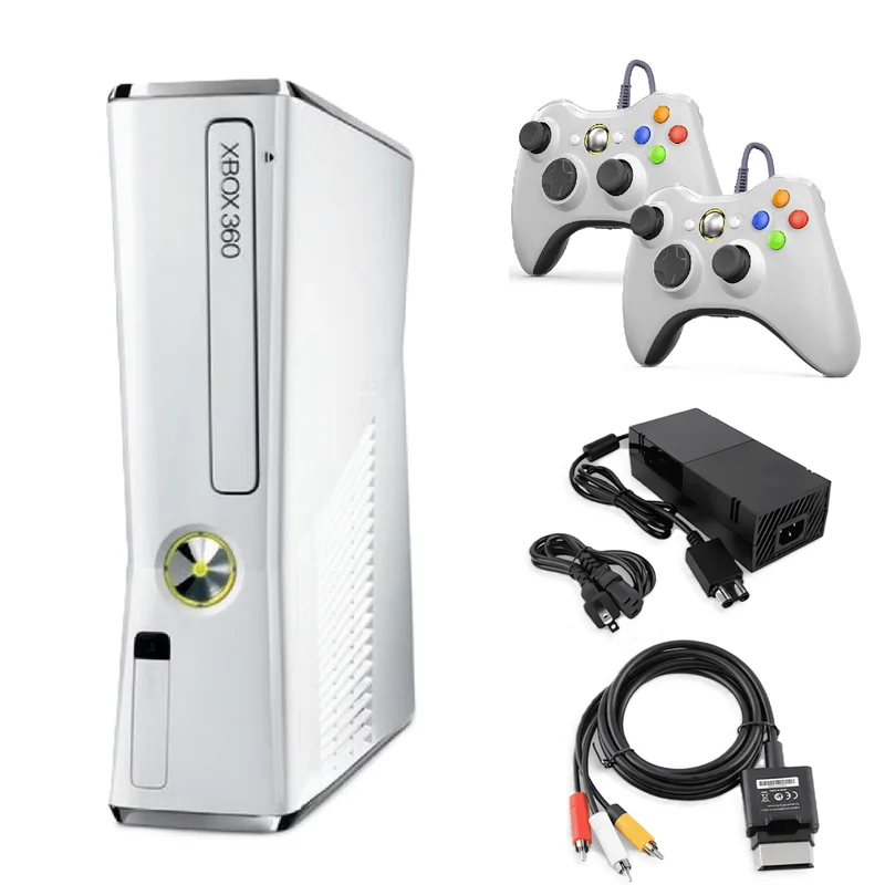 Restored Xbox 360 S 4GB Game Console White with 2 Retrofam White Controllers (Refurbished)