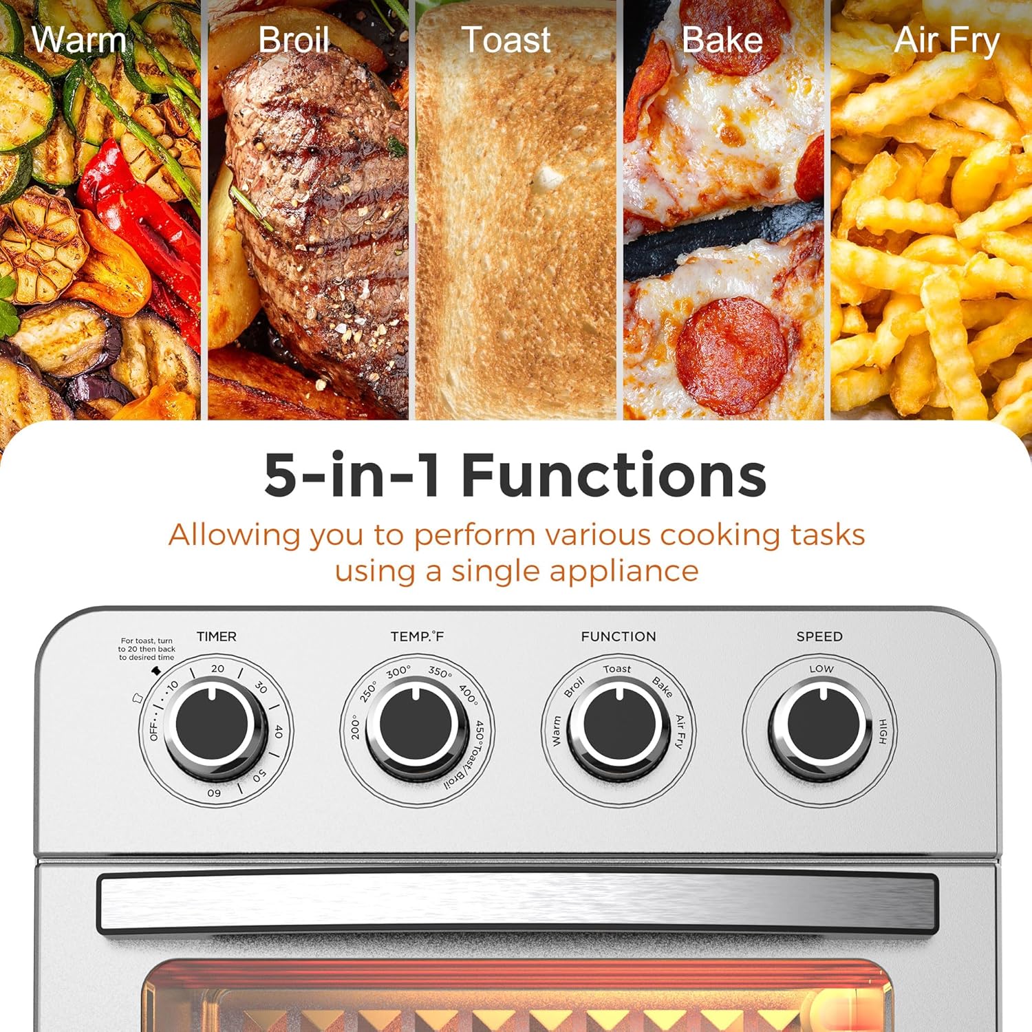 KitchenBoss Air Fryer Toaster Oven: 24.3QT/23L Airfryer with Warm, Broil, Toast, Bake, Air Fry 5-in-1 Functions, Knob Control 1700W Toaster Oven Countertop with 4 Accessories, Stainless Steel