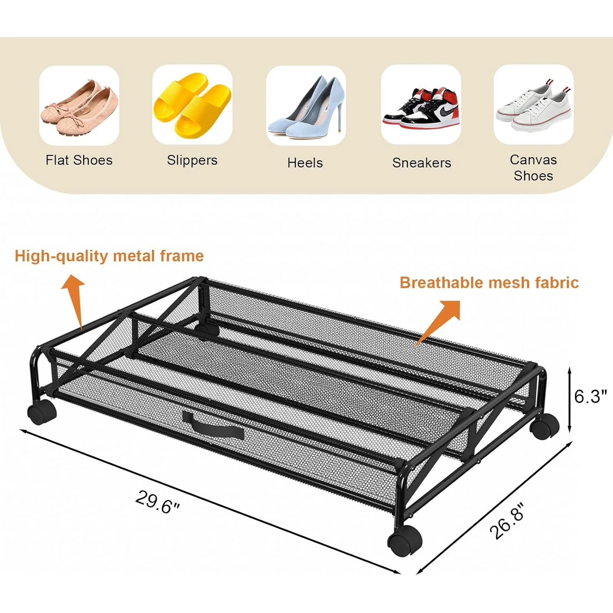 Under Bed Shoes Storage - 2 Pack Rolling Under-bed Storage Containers with Wheels, Breathable Mesh Fabric with Metal Frame