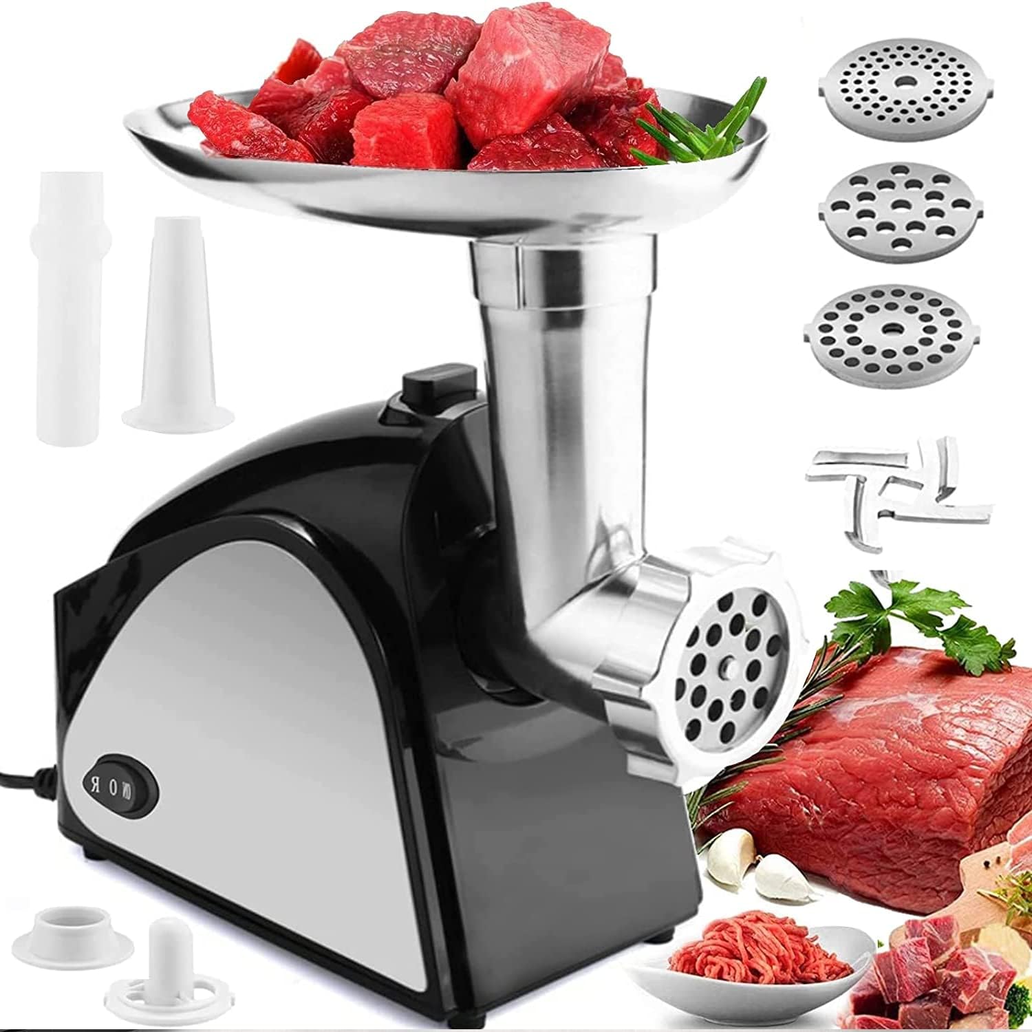 Food Electric Meat Grinder, Meat Mincer with 3 Grinding Plates and Sausage Stuffing Tubes Electric Meat Grinders for Home Use & Commercial, Stainless Steel/2000W (Silver)