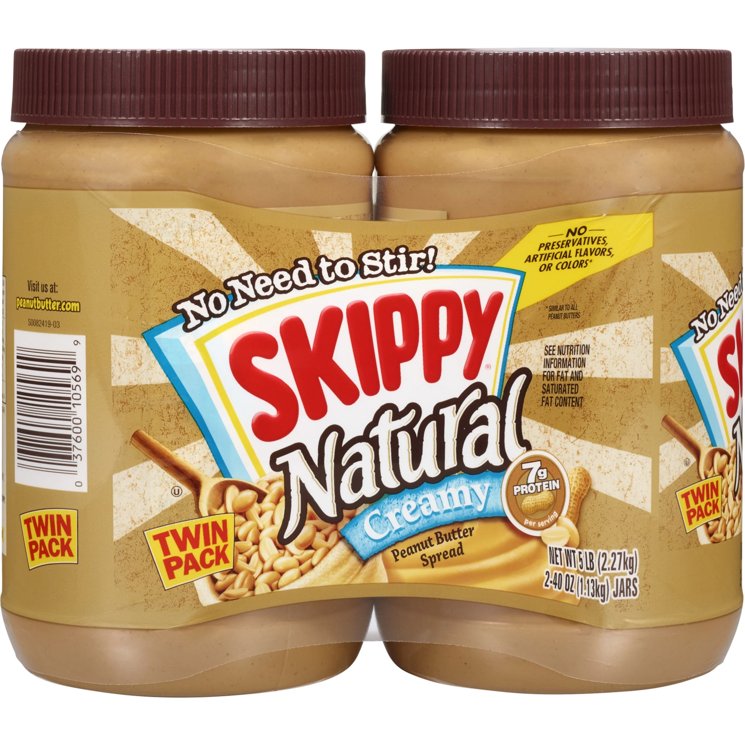 SKIPPY Natural Creamy Peanut Butter Spread, 7 g Protein Per Serving, 40 oz Plastic Jar Twin Pack