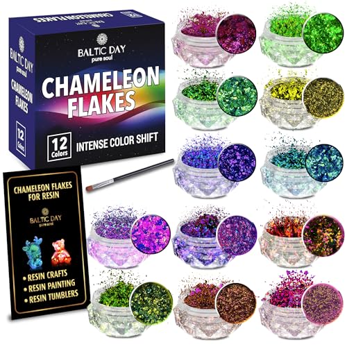12 Chameleon Flakes - Chameleon Flakes for Resin - Color Shift Mica Pigment Powder for Epoxy Resin - Chrome Flakes for Tumblers, Molds, Nail Art, Eyeshadow, Makeup