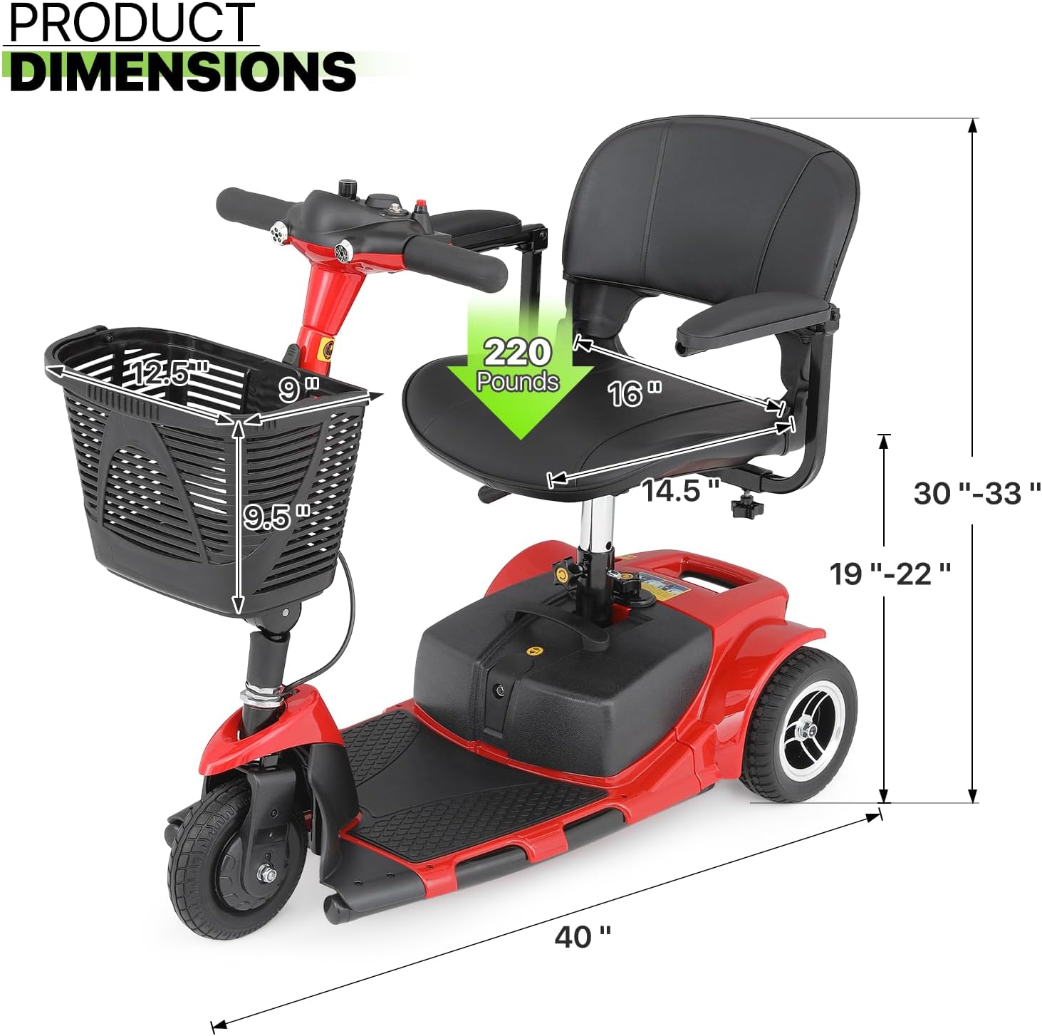 Magshion 3-Wheel Folding Mobility Scooter for Adults Foldable Heavy-Duty All-Terrain Electric Powered Mobility Scooter for Seniors