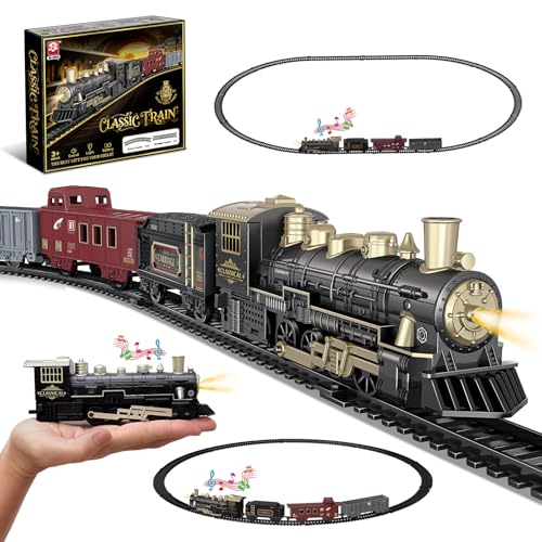 JUQU Christmas Train Set for Kids Ages 3-8 – Remote Control Electric Train with Steam, Lights, Sounds & 4 Cars, Rechargeable Model Toy Train Set with Tracks for Around or Under Christmas Tree Gift
