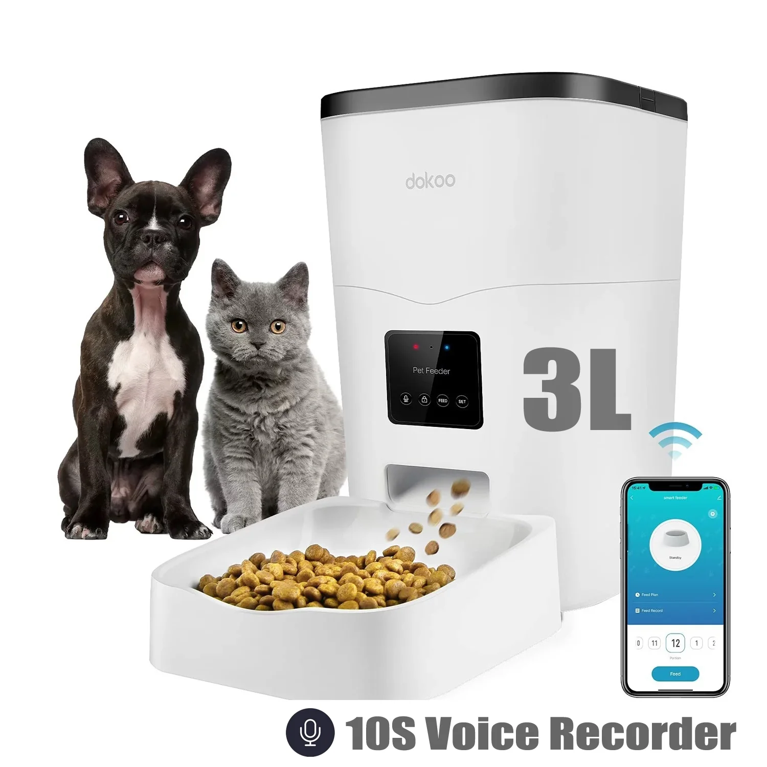 Dokoo Automatic Cat Feeder,App Control,Wi-Fi Enabled Smart 3L Clog-Free Auto Dog Food Dispenser with Portions & Control 1-10 Meals per Day，10S Voice Recorder Pet Timer Feeder for Cat and Dogs