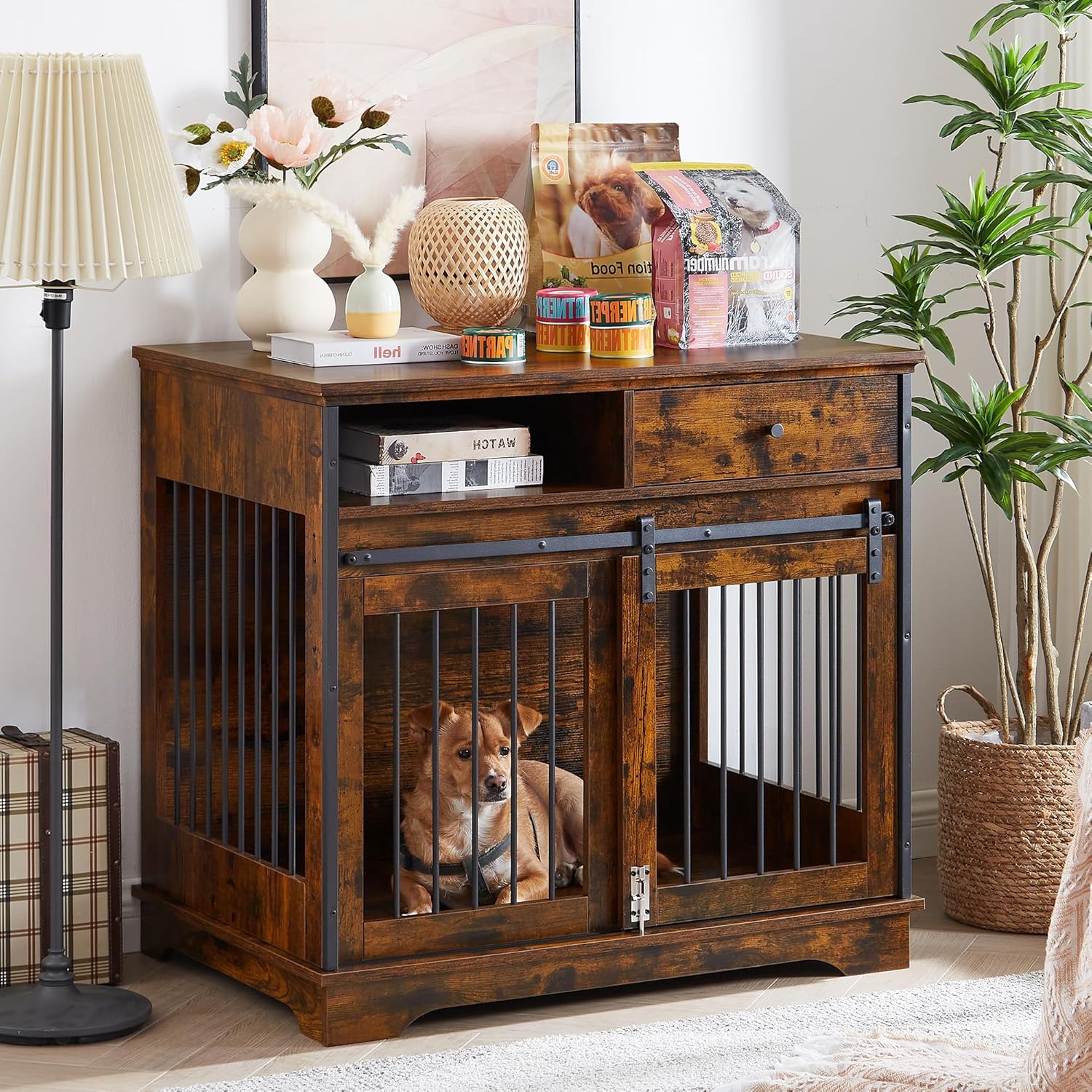 35.4 Inch Furniture Style Dog Crate with Sliding Barn Door and Storage Drawers, Wooden Dog Cage Furniture End Side Table, Chew-Resistant, Rustic Brown, 35.4