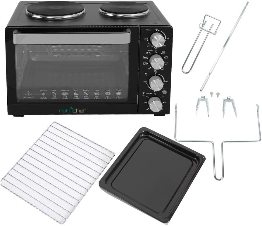 NutriChef 30 Quarts Kitchen Convection Oven - 1400 Watt Countertop Turbo, Rotisserie Roaster Cooker with Grill, Griddle Top Rack, Dual Hot Plates, Toaster, Baking Tray, Skewers and Handles - PKRTO28